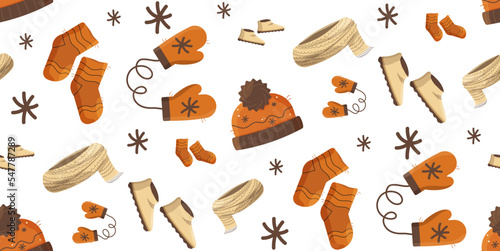 Seamless pattern with winter clothes socks, hat, boots, mittens. Orange, beige. Vector illustration