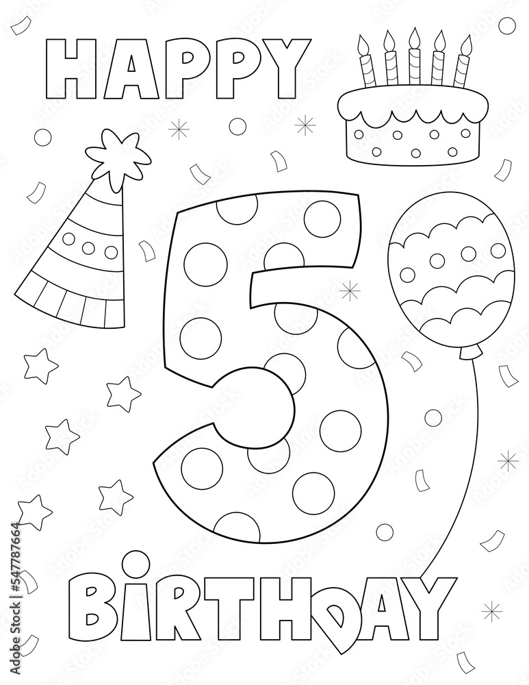 birthday number 5 coloring page for kids. black and white design that ...