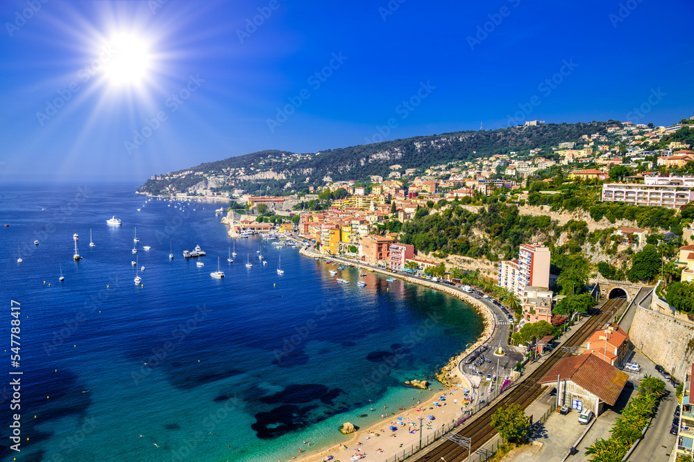 Fototapeta premium Beach with boats Beausoleil, Nice, Nizza, Alpes-Maritimes, Provence-Alpes-Cote d'Azur, Cote d'Azur, French Riviera, France