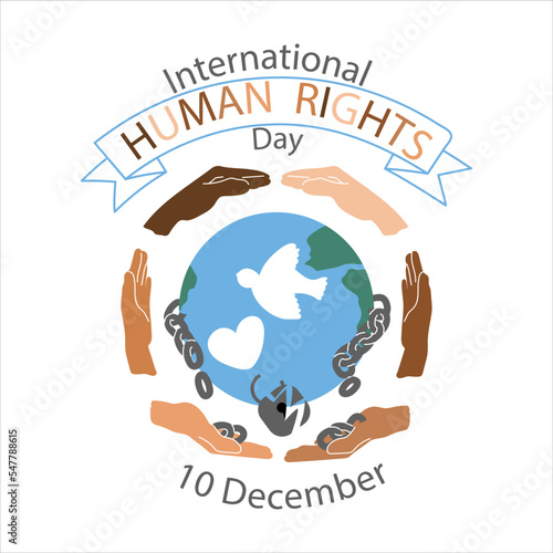 Human rights international day card vector illustration. Diverse hands with broken chain and padlock. Earth globe with white dove and heart. Emblem, badge template 