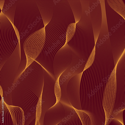 Background of golden twisted lines of star dots. Vector dynamic wave pattern.