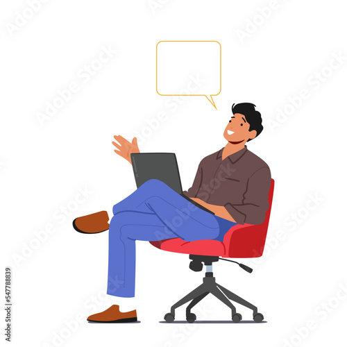 Man Sitting on Chair with Laptop and Speech Bubble in Office. Businessman Character, Employee at Work, Manager