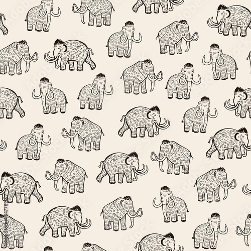Mammoth ancient animals vector line seamless pattern.