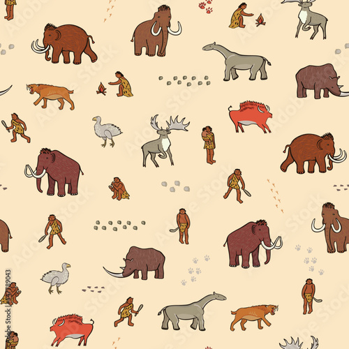 Mammoth ancient animals vector seamless pattern.