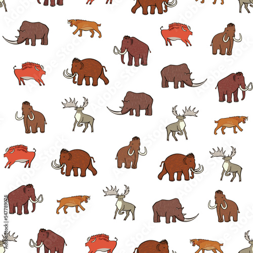 Mammoth ancient animals vector seamless pattern.