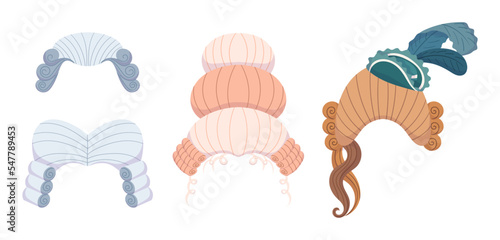 Set of Male and Female Rococo Wigs Isolated on White Background. European Renaissance Periwigs for Men and Women