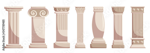 Antique Classic Stone Columns Isolated On White Background. Ancient Pillars Of Roman Or Greece Architecture Elements photo