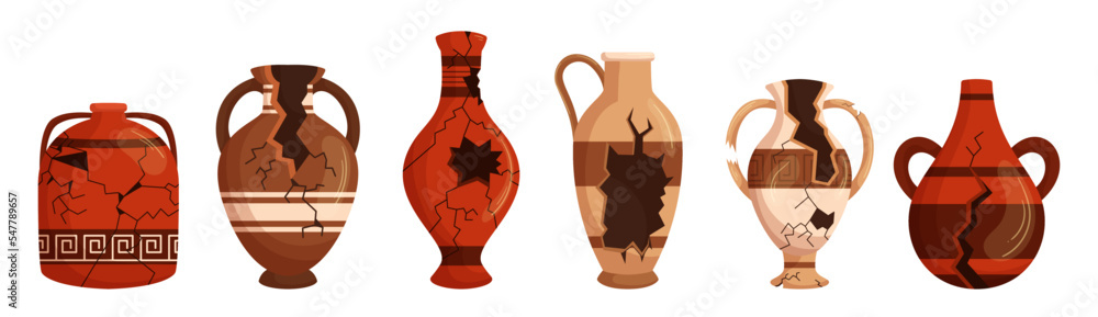 Set of Old Broken Pottery, Jugs, Vases, Pitchers with Cracks. Antique Archaeological Artifacts, Roman or Greek Crockery Set of Old Broken Pottery, Jugs, Vases, Pitchers with Cracks. Antique Archaeological Artifacts, Roman or Greek Crockery