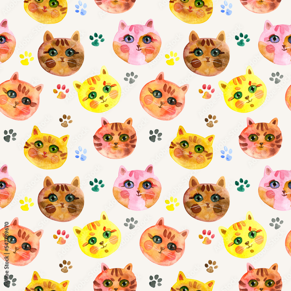 Seamless pattern of Cartoon faces of cats on a Light background. Cute Cat muzzle. Watercolour hand drawn illustration. For fabric, sketchbook, wallpaper, wrapping paper.