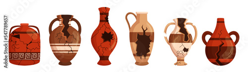Set of Old Broken Pottery, Jugs, Vases, Pitchers with Cracks. Antique Archaeological Artifacts, Roman or Greek Crockery