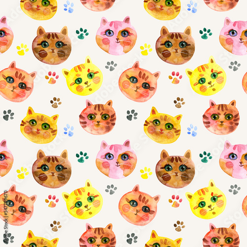 Seamless pattern of Cartoon faces of cats on a Light background. Cute Cat muzzle. Watercolour hand drawn illustration. For fabric  sketchbook  wallpaper  wrapping paper.