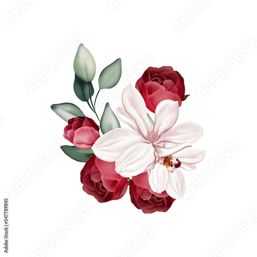 Elegant bouquet with peonies  roses and eucalyptus leaves. Illustration