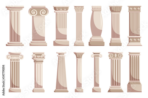 Antique Pillars Isolated On White Background. Ancient Classic Stone Columns Of Roman Or Greece Architecture Illustration