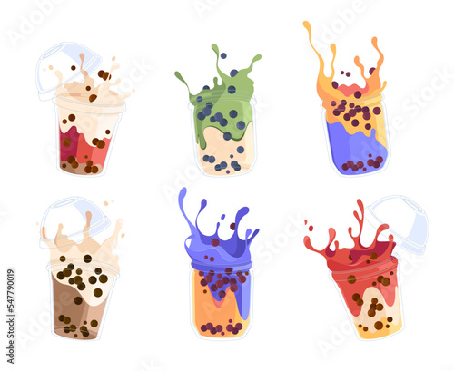 Set Of Bubble Tea Or Coffee Drinks Isolated On White Background. Tapioca Pearl Milk Tea, Boba Yummy Beverages In Glass