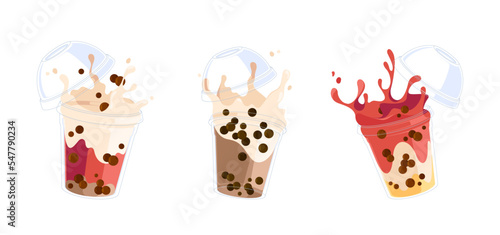 Set Of Bubble Tea Or Coffee Drinks Pearl Milk, Boba Or Tapioca Delicious Beverages In Glass Or Plastic Cups With Lids