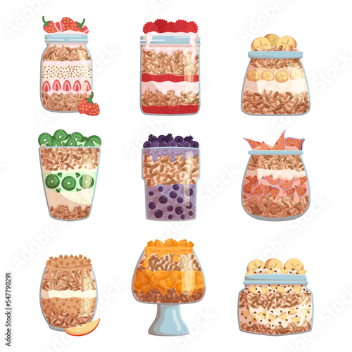 Set Oatmeal Desserts in Glass Jars and Cups. Healthy Organic Food, Oat Breakfast, Nutritious Granola and Flakes