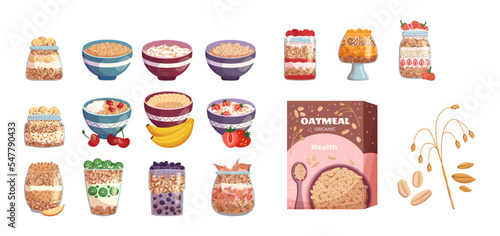 Fotografia Set Oatmeal Breakfast, Porridge, Oat Flakes In Box, Bowl With Fruit and Berries in Milk, Jar Of Granola