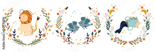 Zodiac Leo, Gemini, Aquarius, with leaves, colorful flowers and stars around. Set Astrological zodiac Signs perfect for posters, logo, cards. Vector illustration
