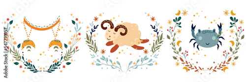 Zodiac Libra, Cancer, Aries, with leaves, colorful flowers and stars around. Set Astrological zodiac Signs perfect for posters, logo, cards. Vector illustration