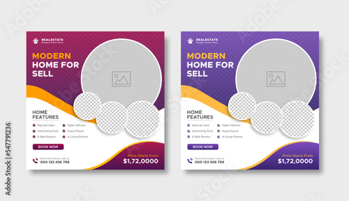 Creative minimalist real estate modern home sale social media post design template. Elegant house sale promotional square web banner vector template.