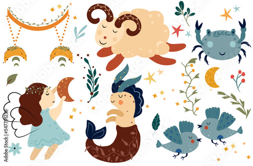Zodiac Aries, Cancer, Gemini, Capricorn, Virgo, Libra with leaves, colorful flowers and stars around. Set Astrological zodiac Signs perfect for posters, logo, cards. Vector illustration.