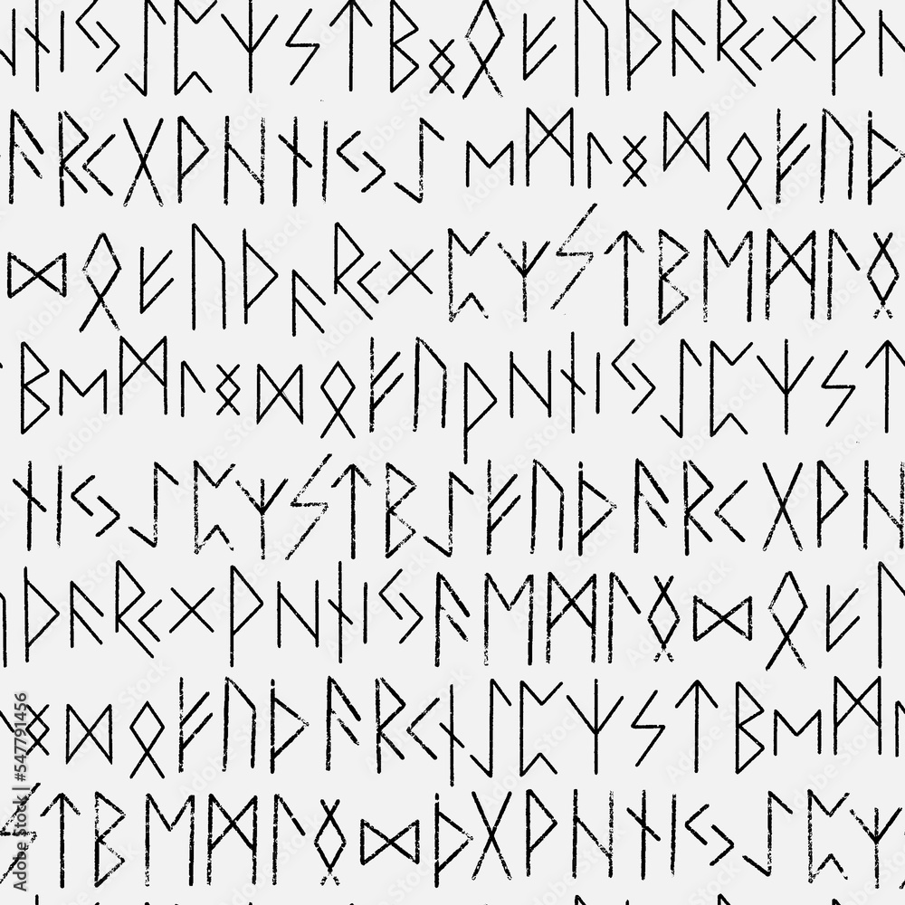 Runic seamless pattern, black white runes - Scandinavian gothic folk art. Ethnic Norwegian Icelandic background. Runes of the Vikings. Magic and magical Pagan signs. Futhark. 