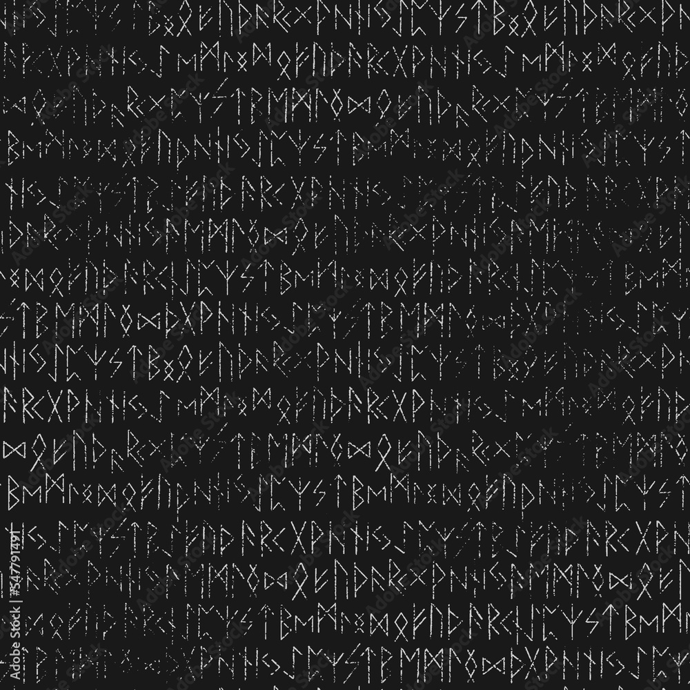 Runic black seamless pattern, scribbled white runes - Scandinavian gothic folk art. Ethnic Norwegian Icelandic background. Runes of the Vikings. Magic and magical Pagan signs. Futhark.  - obrazy, fototapety, plakaty 