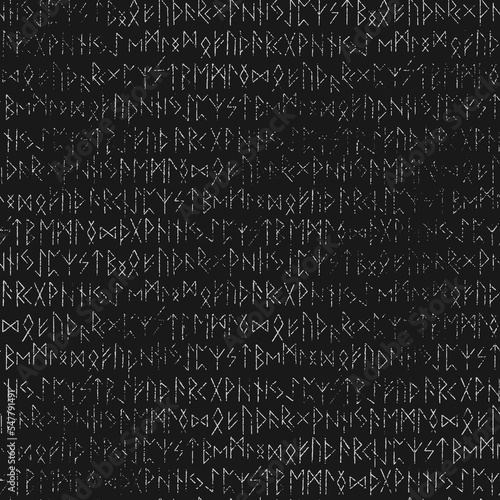 Runic black seamless pattern, scribbled white runes - Scandinavian gothic folk art. Ethnic Norwegian Icelandic background. Runes of the Vikings. Magic and magical Pagan signs. Futhark.  photo