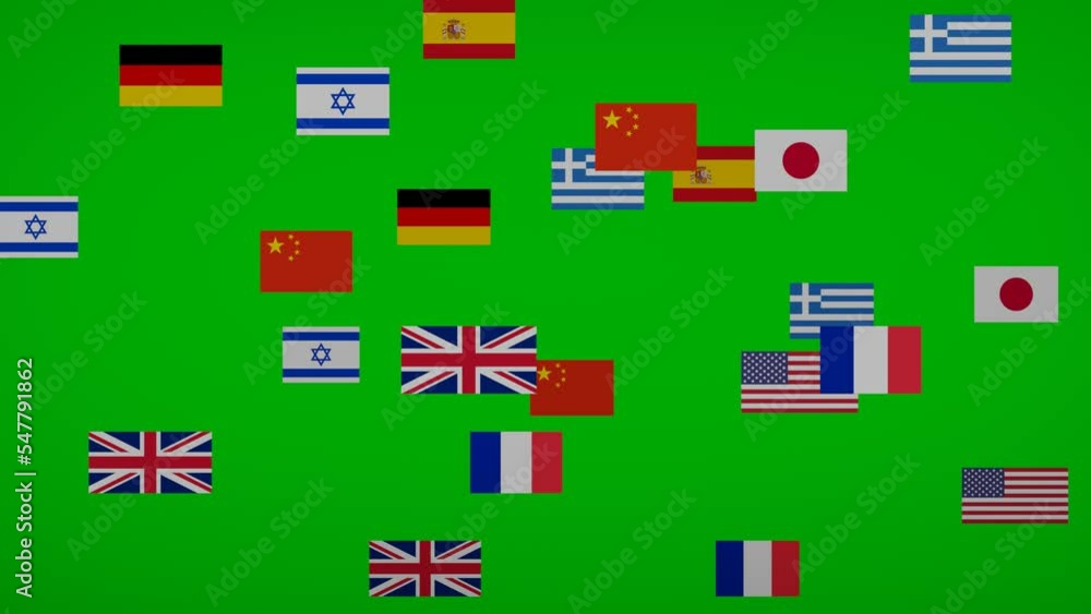 Flying flags on green screen, American flag and flags of different ...
