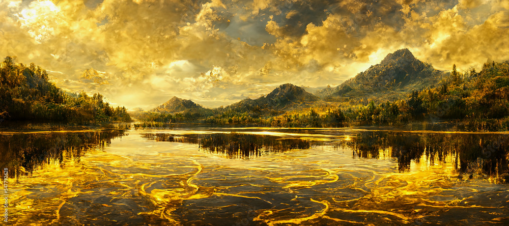 Fototapeta premium midjourney fantasy landscape of a lake made of gold, golden shining clouds,