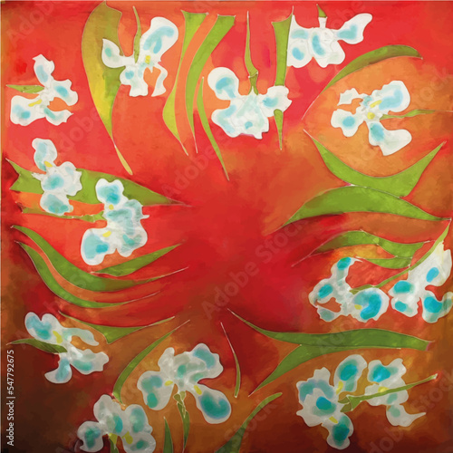 Ilustración con motivos florales, pintado a mano en pañuelo de seda. lirios blancos con hojas verdes sobre fondo naranja