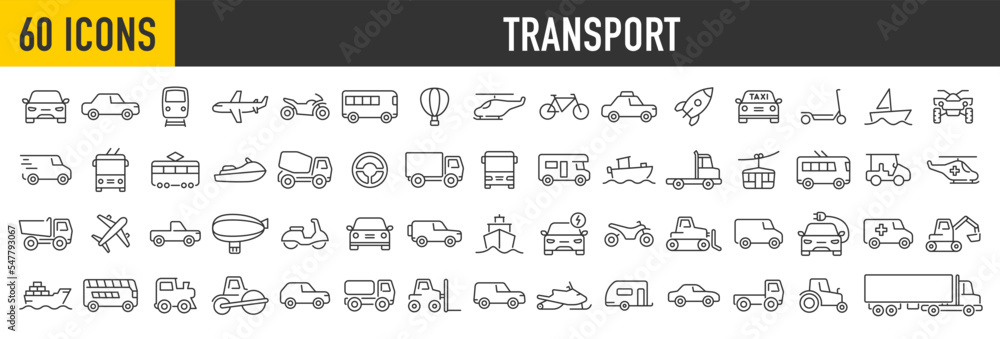 Set of 60 transport and vehicle web icons in line style. Cars, airplane, bus, parking, travel, train, bike, scooter, truck, helicopter, collection. Vector illustration.