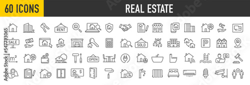 Set of 60 Real Estate web icons in line style. Rent, building, agent, house, auction, property, mortgage, home, realtor, collection. Vector illustration.