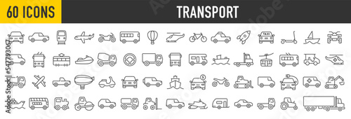 Set of 60 transport and vehicle web icons in line style. Cars, airplane, bus, parking, travel, train, bike, scooter, truck, helicopter, collection. Vector illustration.