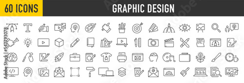 Set of 60 Graphic design web icons in line style. Icons for graphic designer, creative package, stationary, software, creativity, tools, drawing, collection. Vector illustration.