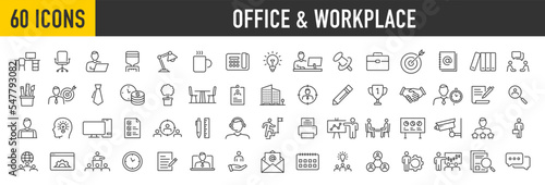 Set of 60 Office and Workplace web icons in line style. Employe, conference, project, document, business, work, support, contact us, productivity strategy, collection. Vector illustration.