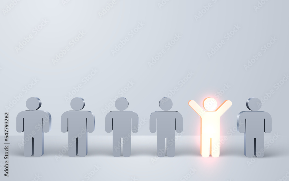 Stand out from the crowd. One glowing light man standing with arms wide open among other people. Stand out from the crowd. One glowing light man standing with arms wide open among other people.