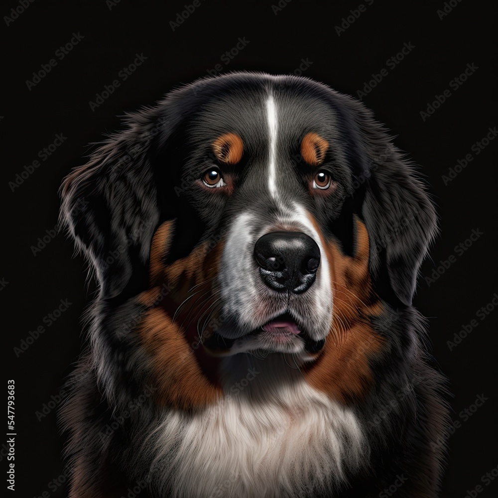 Beautiful bernese mountain dog portrait. Isolated on black background.
