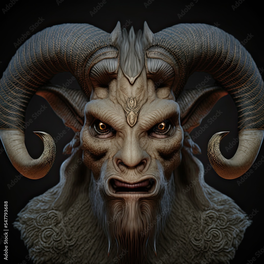 Horned beast demon creature from hell. 3d character design. Isolated on black background.