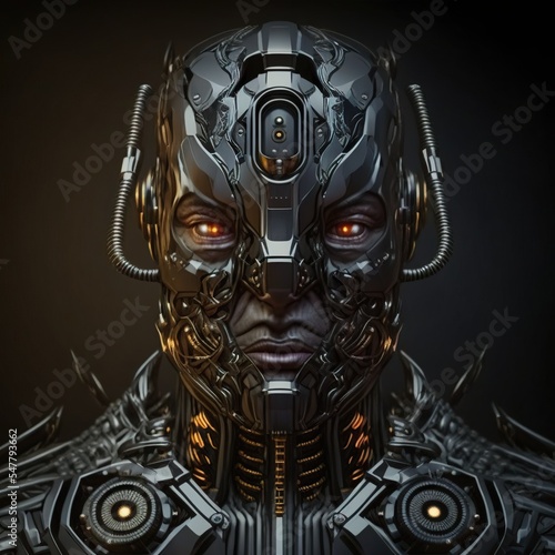 Epic metal robot cyborg soldier with glowing neon orange eyes.