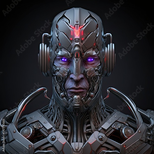 Epic metal robot cyborg soldier with glowing neon purple eyes.