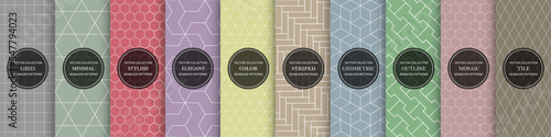 Collection of seamless geometric ornamental vector patterns. Colorful repeatable oriental minimalistic backgrounds. Symmetric endless elegant textures. Ornate simple prints