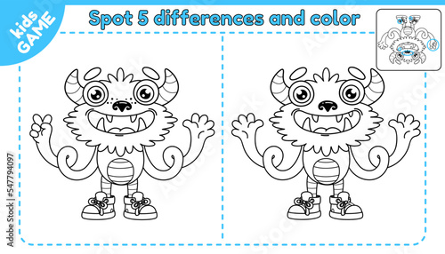 Game spot 5 differences and coloring page. Educational activity and puzzle for kids. Development of attention. Vector illustration of cartoon monster.