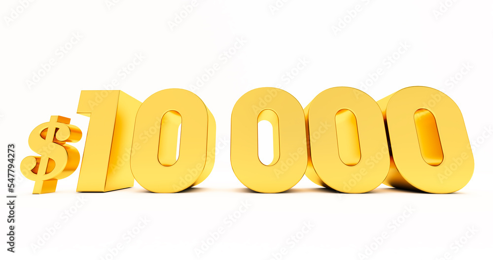3D render of golden 10000 dollars isolated on white background, gold ten thousand dollars 3D render of golden 10000 dollars isolated on white background, gold ten thousand dollars