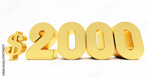 3D render of golden 2000 dollars isolated on white background, gold two thousand dollar