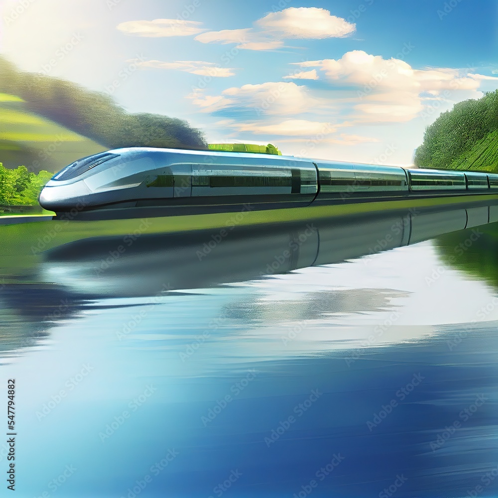 Obraz premium Modern speed train crossing the bridge over the river. Fast speed, blurred motion. Photorealistic illustration generated by Ai