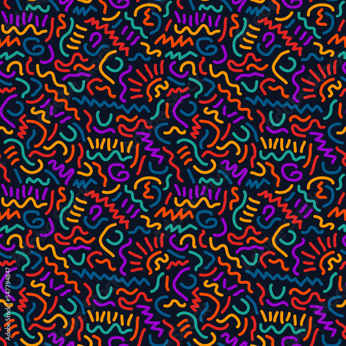 Scribble lines seamless surface pattern. Scrawl childish doodle print. Freehand linear texture. Modern sketch background