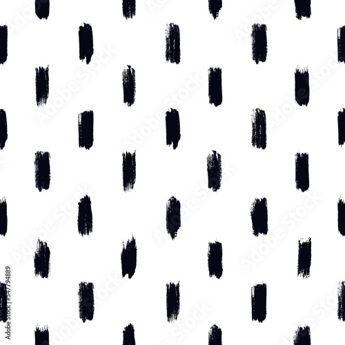 Grunge style seamless pattern. Repeated dash line motif. Modern minimal geometric surface print. Freehand brush texture