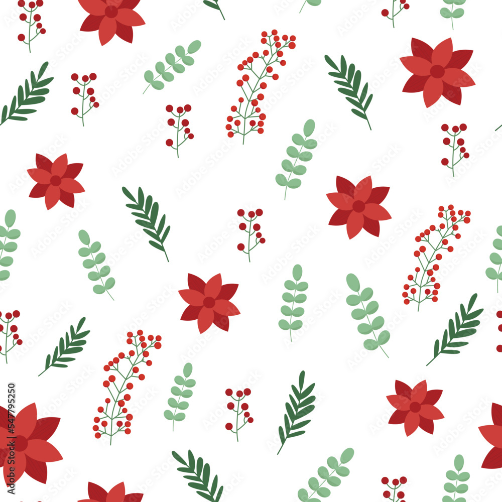 Holiday seamless vector pattern with leaves and flowers, poinsettia in green and red colors for Christmas designs, backgrounds and wrapping paper Holiday seamless vector pattern with leaves and flowers, poinsettia in green and red colors for Christmas designs, backgrounds and wrapping paper