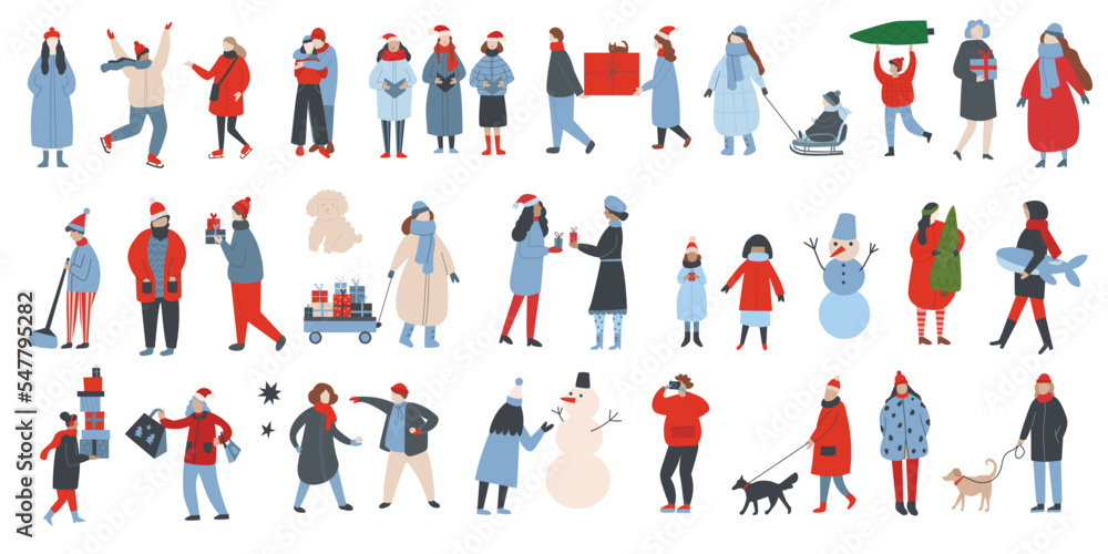 People in winter outwear walking flat vector illustrations set. Tiny people, romantic couples having fun, enjoying festive mood flat characters set. Kids and adults celebrating Christmas outdoors.